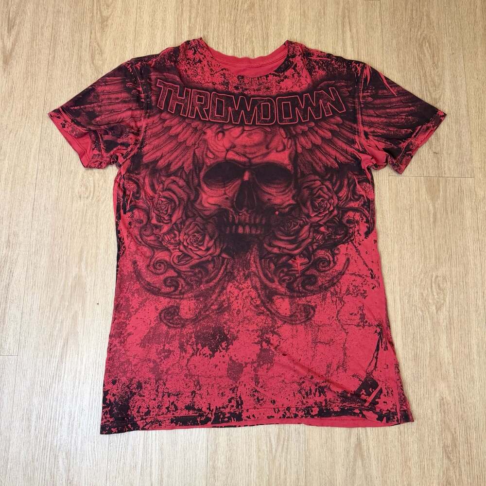 VTG Throwdown MMA Skull Roses Graphic T-Shirt Red Black size L